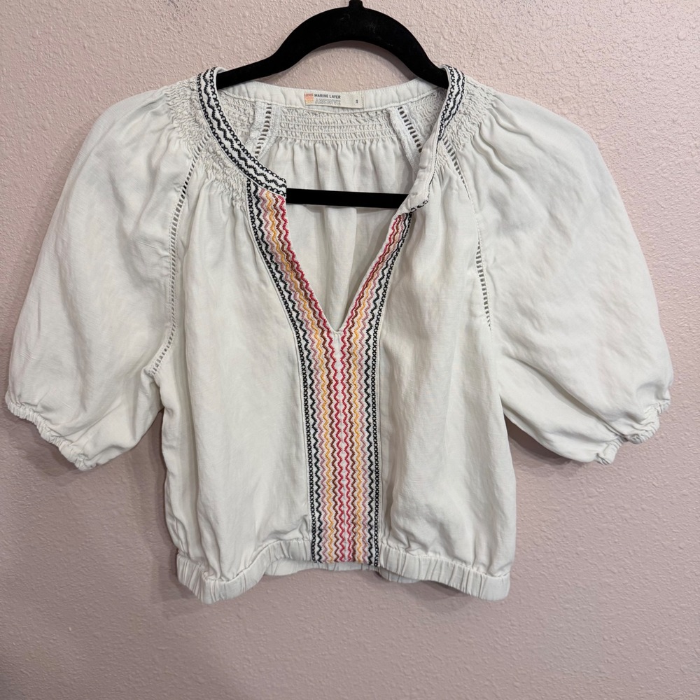 Marine Layer Archive White Embroidered Linen Puff Sleeve Bea Peasant Blouse Sm